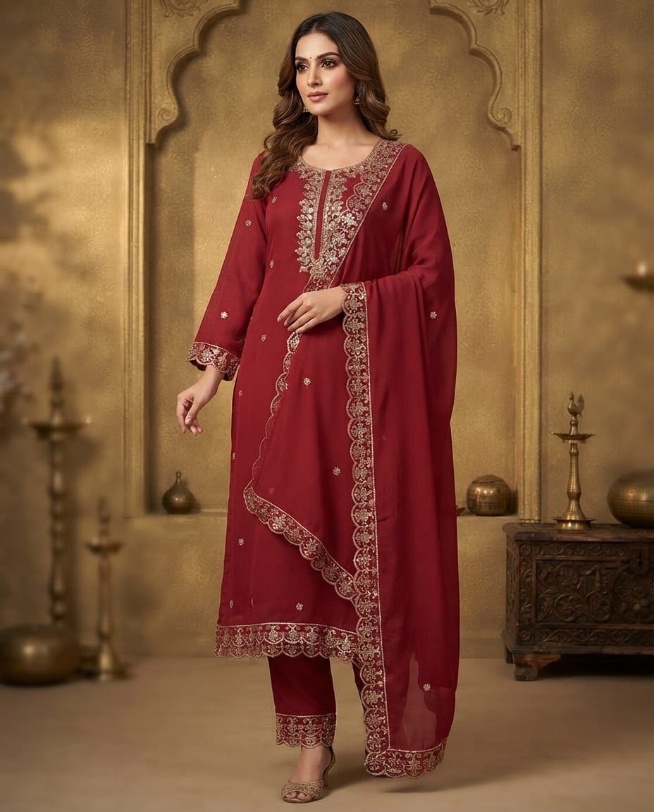 Maroon Embroidered Straight Kurta with Pant and Dupatta Set