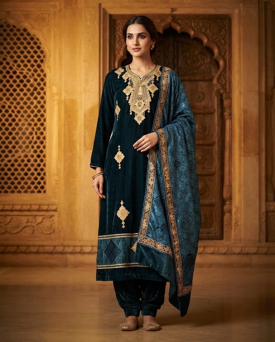 Teal Velvet Embroidered Salwar Suit with Banarasi Dupatta