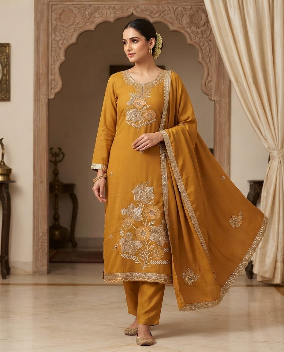 Mustard Yellow Embroidered Straight Kurta Set with Dupatta