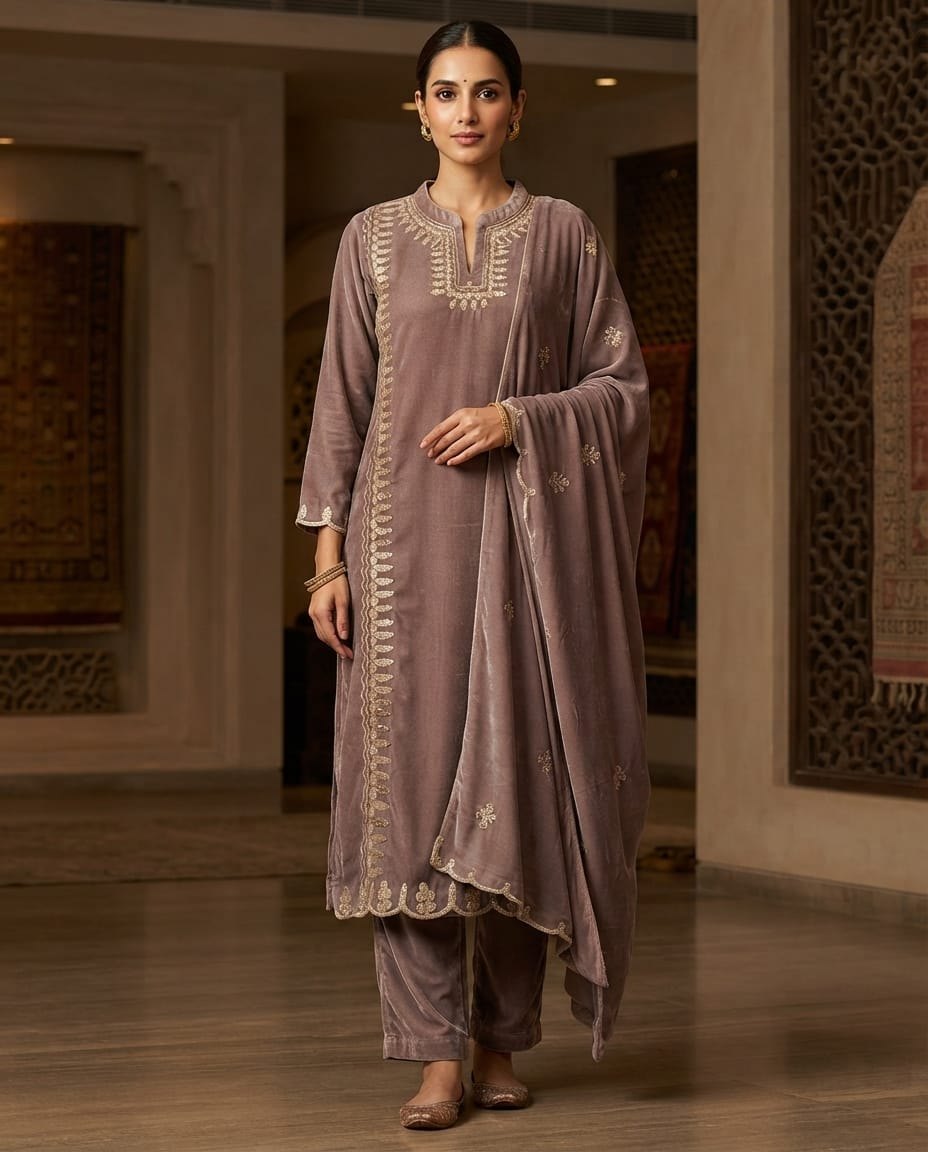 Mauve Velvet Embroidered Kurta Set with Dupatta